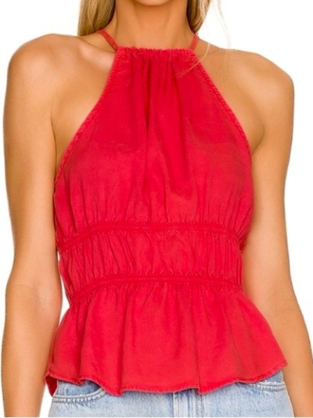 NWT Bella Dahl Red Halter Tie-Neck Peplum Tank Top Made In USA Sz M